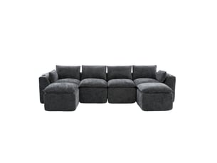 Canapé modulable 4 places avec 2 repose-pieds en chenille gris foncé