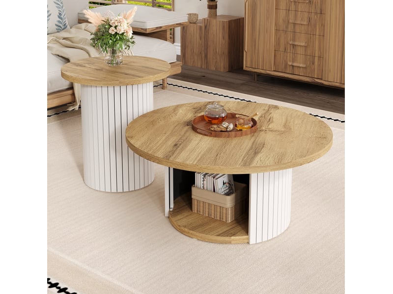  Lot de 2 tables de salon rondes en mdf, naturel  - Conforama C