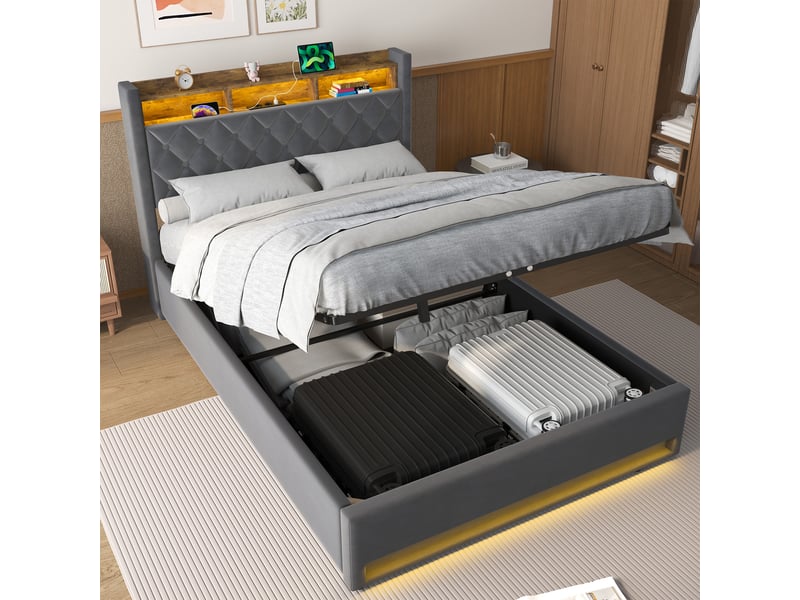  Lit rembourré en velours gris foncé 140 x 190 cm  - Conforama B