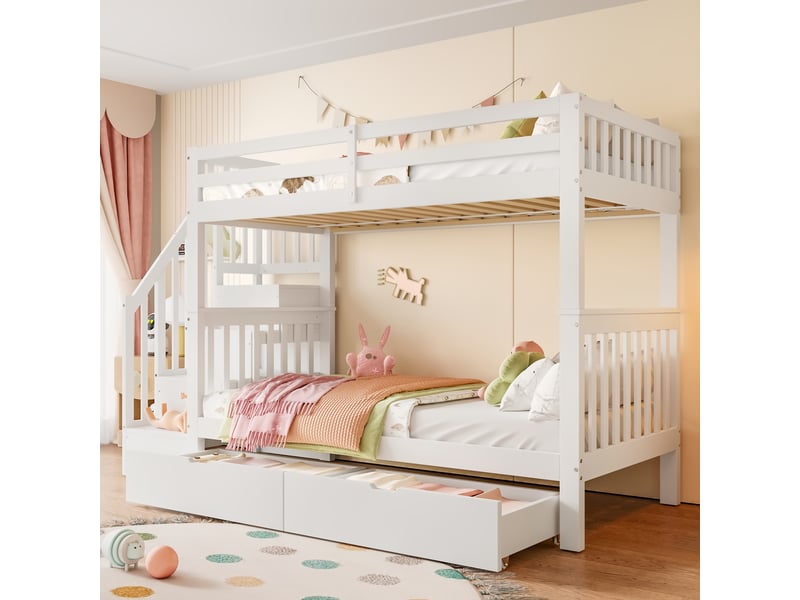 Lit superposé blanc pour enfant 90x200 cm avec escalier de rangement, deux tiroirs pratiques et barrières hautes de sécurité - Conforama B