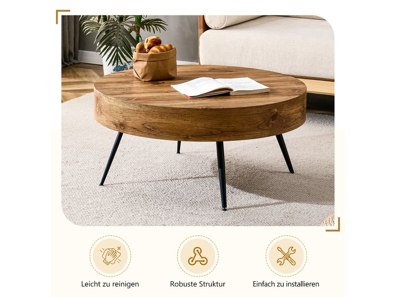  Table basse ronde avec plateau en mdf et pieds en métal, style scandinave, pour salon, bois et noir  - Conforama E