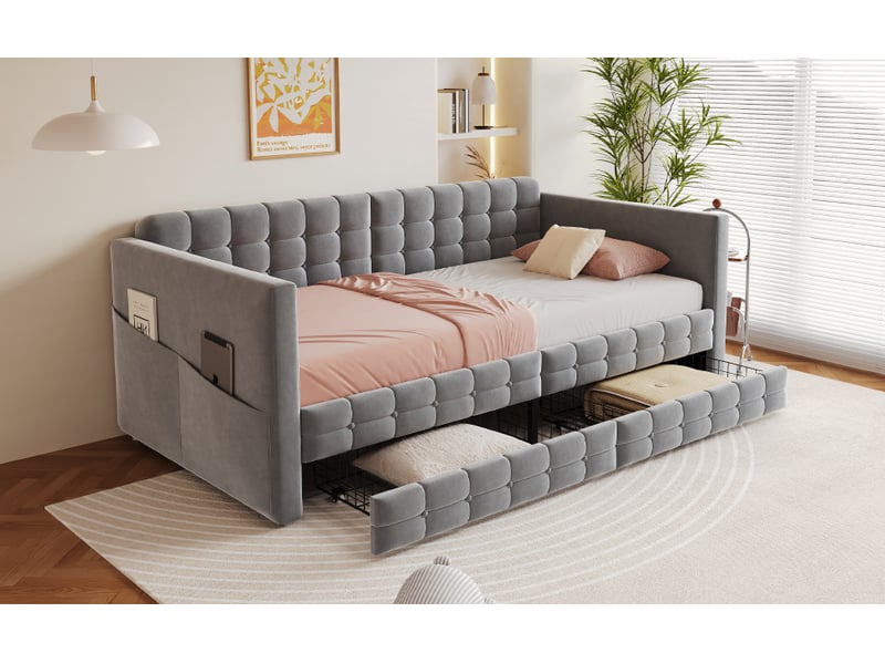  Canapé-lit 90x190 cm avec deux tiroirs, cadre de lit adulte avec compartiment de rangement, lit simple en velours, gris  - Conforama E