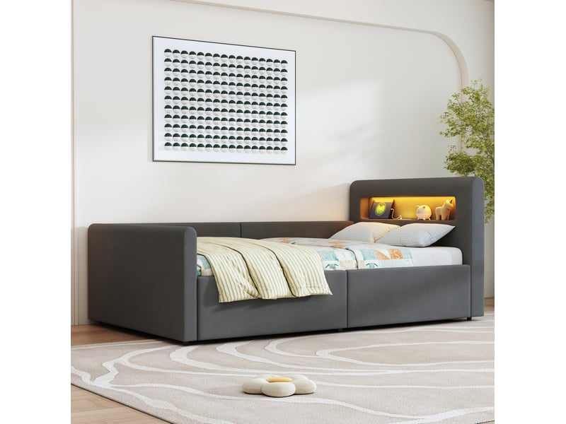  Lit rembourré enfant tcqpz 90 x 200 cm led, lampe de nuit, usb, rangement hydraulique, velours gris foncé  - Conforama E