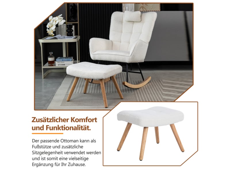 Fauteuil à bascule avec repose-pieds, appui-tête et coussins ergonomiques - tissu polaire effet peluche - blanc - Conforama C