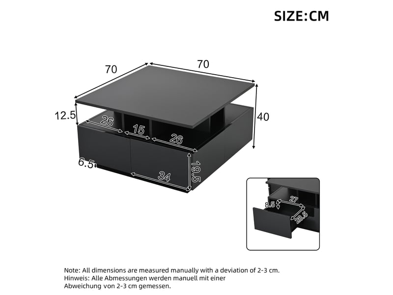  Table basse led 70x70x40 cm noire brillante avec 4 tiroirs  - Conforama C