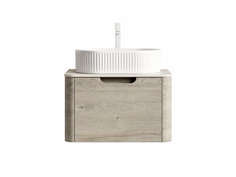  Meuble vasque suspendu 60 cm avec vasque ovale blanche en céramique et plan effet travertin  - Conforama A