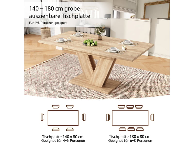 Table à manger extensible 4 à 8 places plateau 140180 × 80 cm - lpospi - pieds métal en v mdf chêne - Conforama E