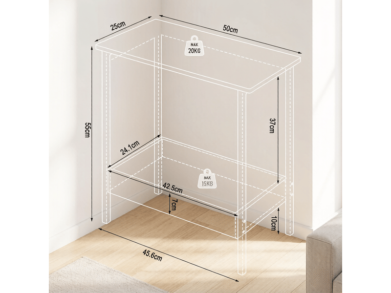  Table basse avec 2 niveaux de rangement, étagère à rebords, structure métal, pour salon et entrée 50 × 25 × 55 cm  - Conforama C