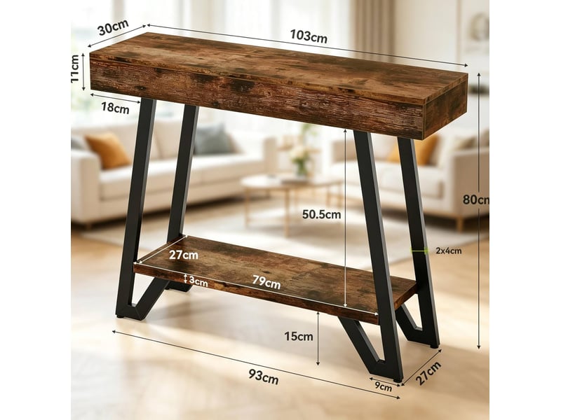 Table d'appoint l103 x p30 x h80 cm en mdf et métal à 2 niveaux noir et marron rustique chicfurn  - Conforama D