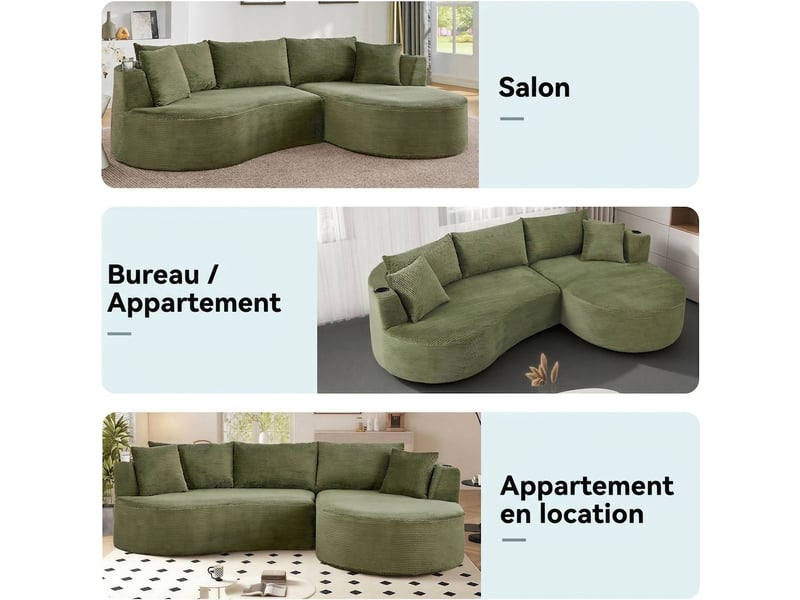 Canapé 3 places d'angle droit vert - design incurvé en velours côtelé doux avec porte-gobelet - Conforama D