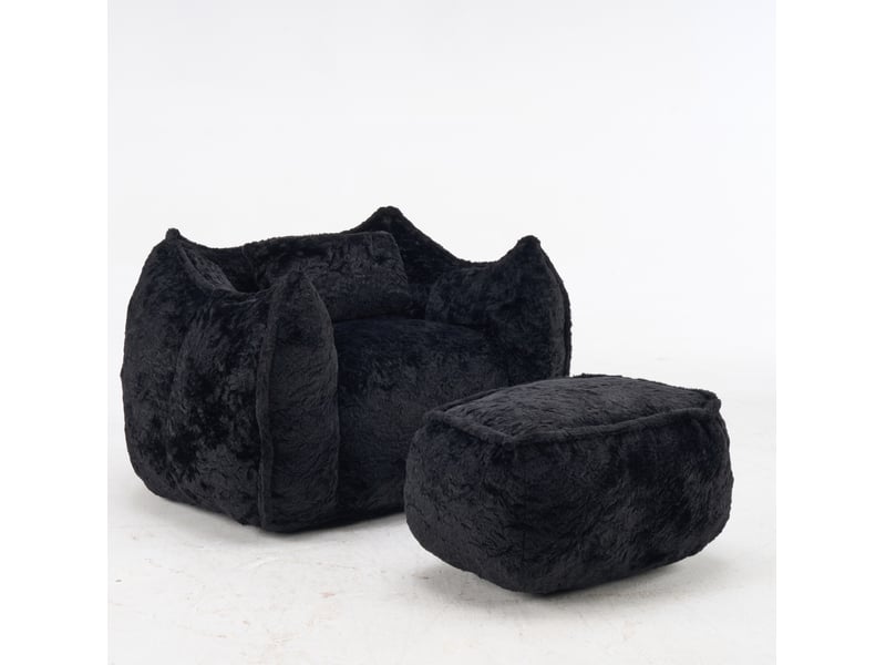  Fauteuil pouf géant noir en tissu effet fourrure, avec coussin et ottoman, sans montage, pour salon et chambre  - Conforama A
