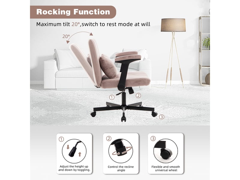  Chaise de bureau pivotante réglable avec accoudoirs rabattables et roulettes silencieuses - lpospi - velours rose  - Conforama C
