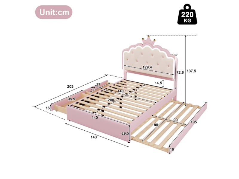  Lit gigogne 140x200cm coloris rose led pu lit enfant rose - Conforama C