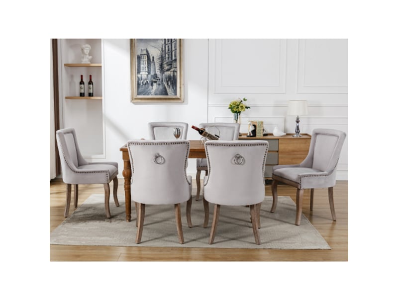 Lot de 6 chaises de salle à manger velours gris capitonné, clous décoratifs, pieds en bois massif, style chic moderne  - Conforama R