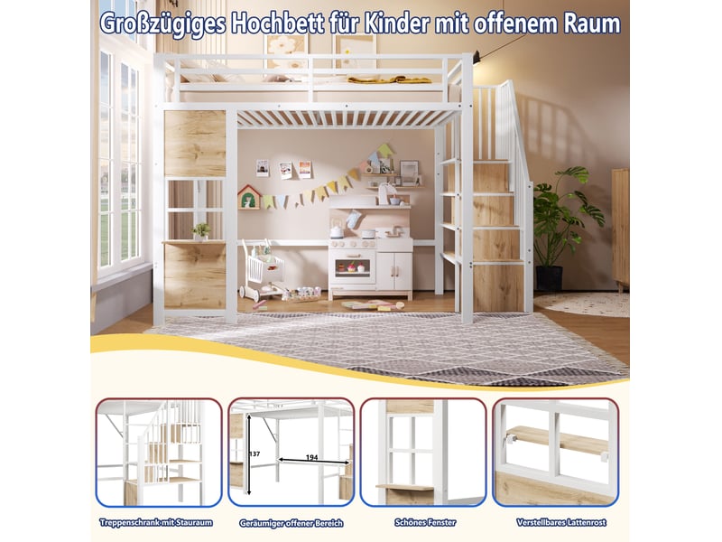  Lit mezzanine 90 × 200 cm avec escalier de rangement, étagères latérales et espace ouvert pour chambre enfant, blanc  - Conforama E
