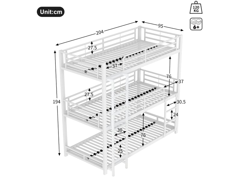  Lit superposé triple 90x200 cm gain d'espace, structure en métal robuste, barrières et échelle, blanc, sans matelas  - Conforama C
