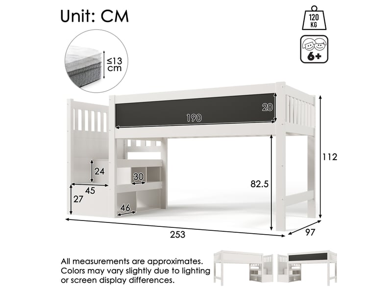 Lit mezzanine enfant 90x200 avec tableau blanc et barrière de sécurité, escalier réversible, bois blanc - Conforama C