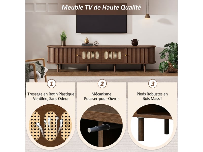  Meuble tv 180 cm noyer et rotin - 2 tiroirs portes coulissantes mdf - pour tv 80 pouces  - Conforama E
