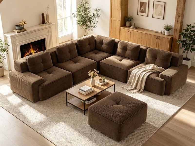  Canapé modulable avec ottomane pour salon ou bureau, velours côtelé rembourré, 69 × 295 × 295 cm, marron  - Conforama B