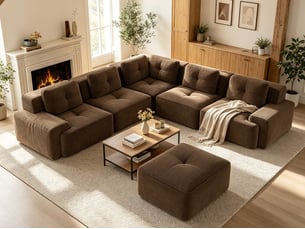 Canapé modulable avec ottomane pour salon ou bureau, velours côtelé rembourré, 69 × 295 × 295 cm, marron