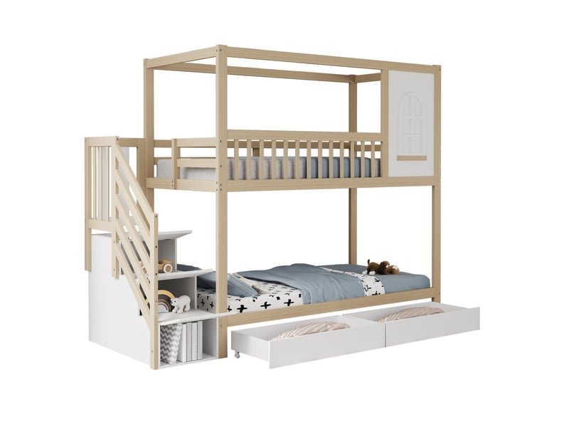 Lit superposé enfant 90 x 200 cm en forme de maison, avec rangements, échelle et barrières de sécurité, blanc et bois naturel - Conforama A