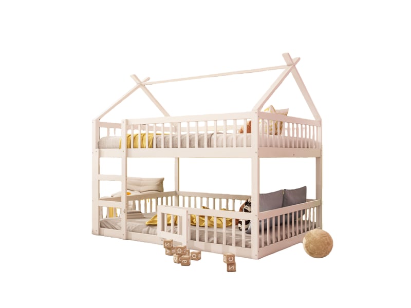  Lit mezzanine enfant 140x200 cm avec traverses et barrière - sommier libre inclus - sans matelas - blanc  - Conforama A