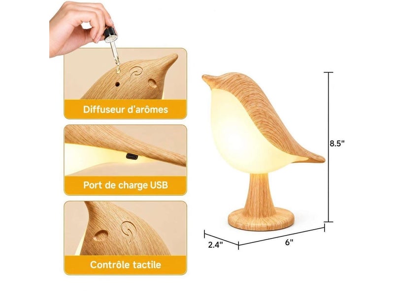  Lampe de chevet tactile sans fil rechargeable 1800mah oiseau – 3 teintes dimmable  - Conforama C