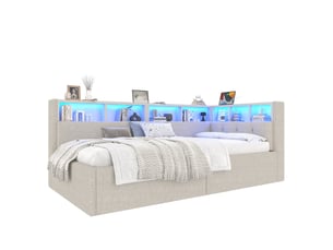 Lit banquette jour 90 x 200 cm avec usb type-c rangement hydraulique tiroirs led multicolore sans matelas lin beige