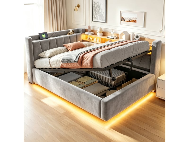  Lit banquette coffre 140 × 200 cm en velours gris, led et usb IKSETERA TRADING LTD - Conforama B