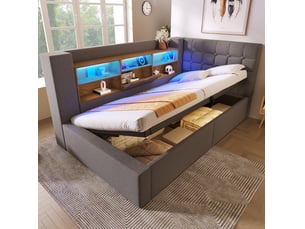 Lit avec rangement 90x190 cm <strong>COVREO </strong>  <strong></strong> coloris gris