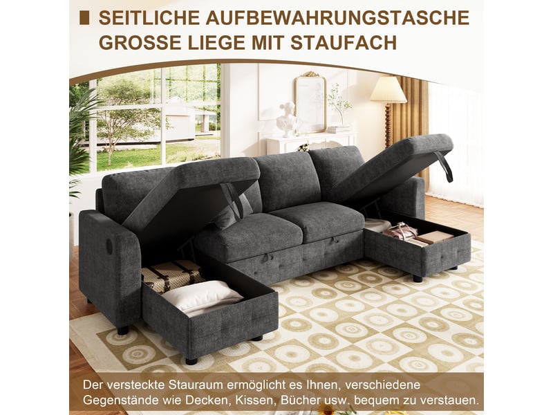 Canapé panoramique gris en chenille, 260 × 128 × 82 cm, avec couchage, pour salon et charge max. 150 kg - Conforama E