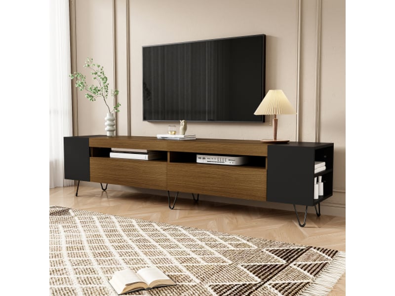 Meuble tele haut 180 cm style moderne, combinaison noir et grain de bois 180 l x 36 l x 43 h  - Conforama C
