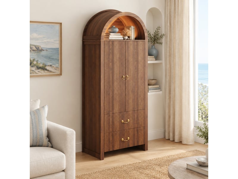  Armoire haute noyer avec niche arche led réglable par application, 2 portes et 2 tiroirs  - Conforama B