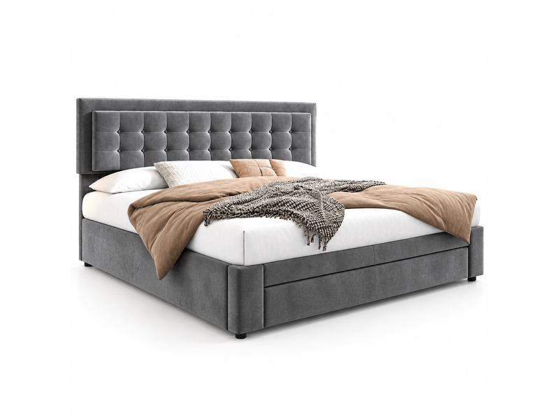 Lit avec coffre et tiroirs, tissu velours, lit capitonné, sommier à lattes, lit double, grand rangement, 180 x 200, velours, gris Seren Glow - Conforama A