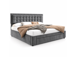Lit avec coffre et tiroirs, tissu velours, lit capitonné, sommier à lattes, lit double, grand rangement, 180 x 200, velours, gris