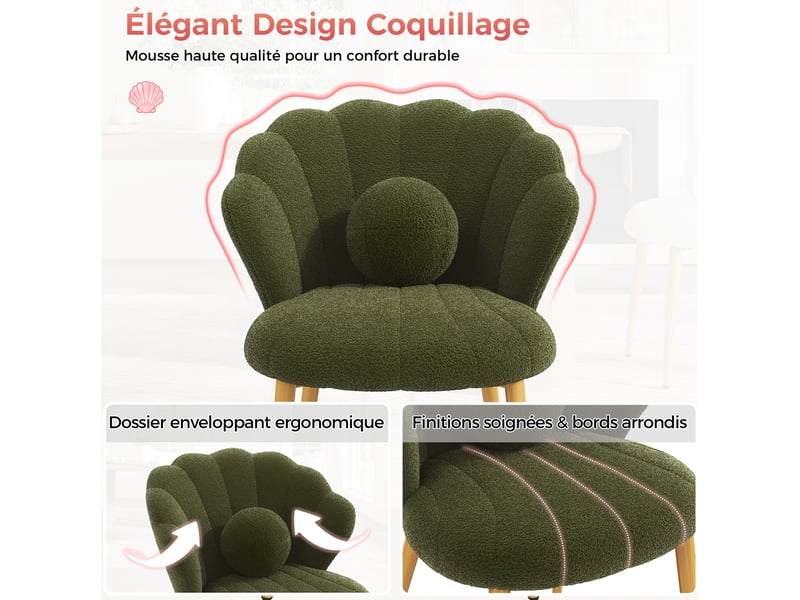 Lot de 4 chaises de salle à manger 60x62,5x83 cm, dossier coquille, coussins ronds, tissu teddy, métal doré, vert  - Conforama E