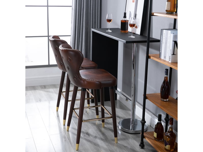  Lot 2 tabourets bar industriels dossierrepose-pieds, similicuir, pieds bois, vintage cuisinerestaurant, 52x53x101 cm.  - Conforama C