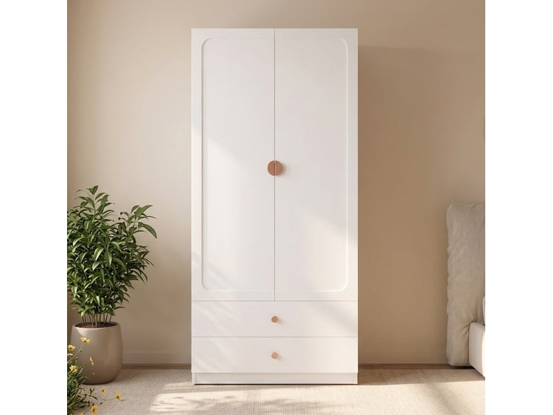  Armoire 2 portes avec 2 tiroirs, niche haute et tringle pour chambre, en mdf, bois et acier, blanc, 90 × 45 × 200 cm  - Conforama C