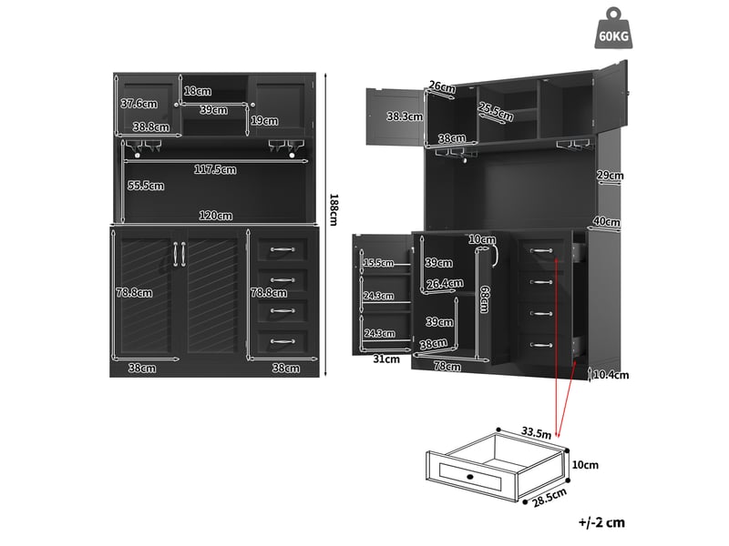  Buffet haut modenvie 120 x 40 x 188 cm led 4 portes 2 grands tiroirs mdf noir  - Conforama C