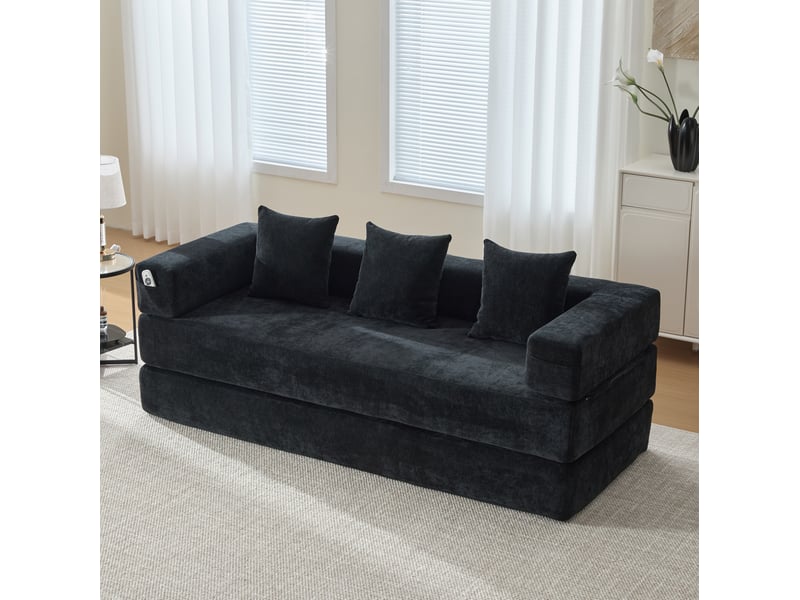  Canapé droit modulable 2 places en tissu noir, convertible en couchage avec poches latérales antidérapantes  - Conforama D