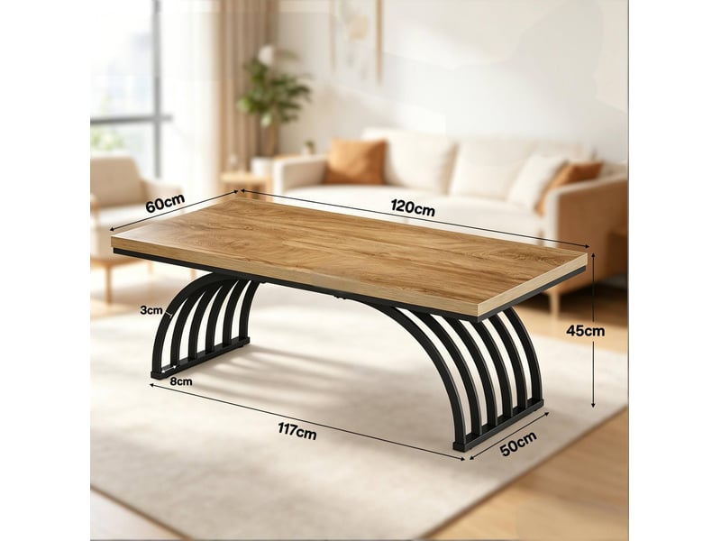  Table basse avec plateau spacieux et structure ouverte en métal, finition bois rustique, pour salon, marron et noir, 120 cm  - Conforama E