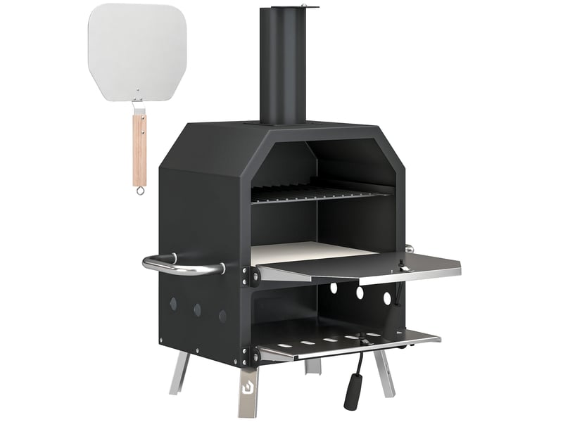 Four à pizza extérieur bois et charbon fumoir 2 étages pierre réfractaire pelle  - Conforama A