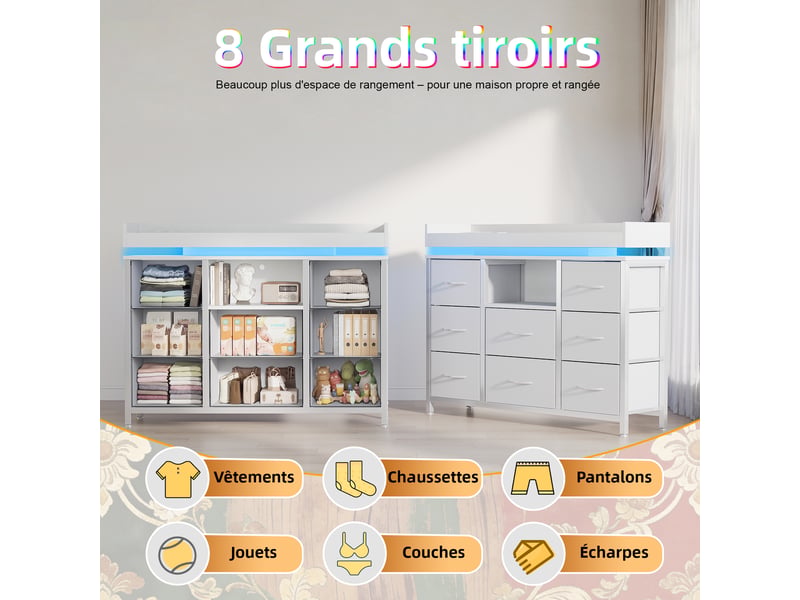  Commode avec 8 tiroirs en tissu,armoire avec led et station de recharge,cadre en métal,100x30x82cm,blanc,style moderne  - Conforama W