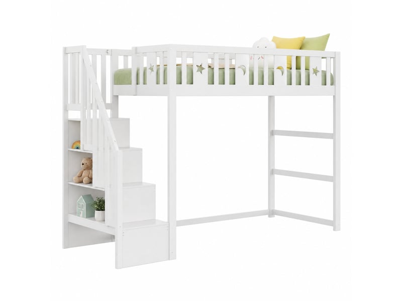  Lit mezzanine enfant 90x200 cm – blanc – escalier, étagères et espace de jeu intégré - sans matelas  - Conforama A