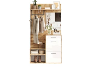 Vestiaire d'entrée avec miroir et banc à chaussures blanc et bois 100x38.5x190 cm