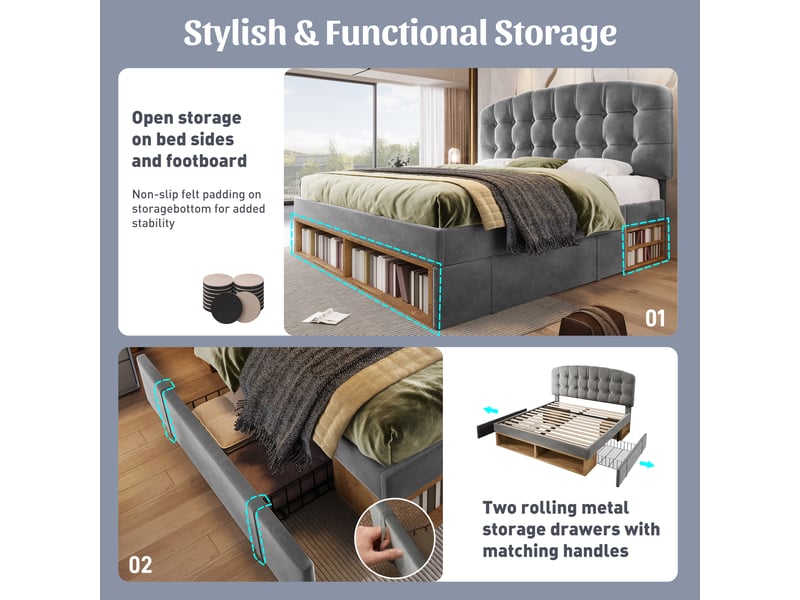 Lit rembourré 140x190 cm avec tête de lit réglable, rangement et tiroirs, lit coffre en velours avec sommier, design arrondi - gris - Conforama D