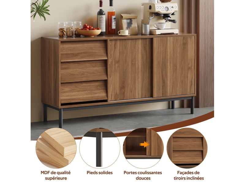 Buffet bas 150x40x80 cm avec 3 tiroirs, 2 portes coulissantes et dispositif anti-basculement, en mdf couleur naturel - Conforama E