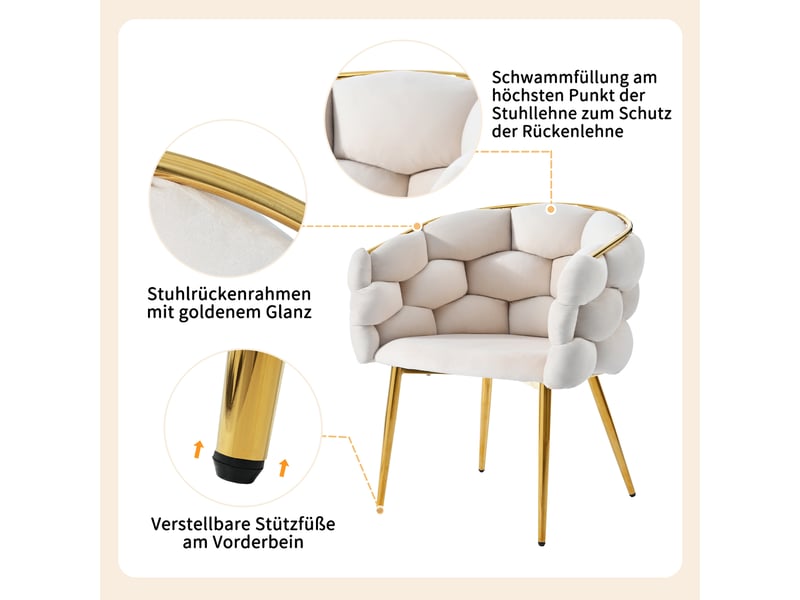  Lot de 6 chaises de salle à manger,44x41x74 cm,velours et métal doré,beige  - Conforama D