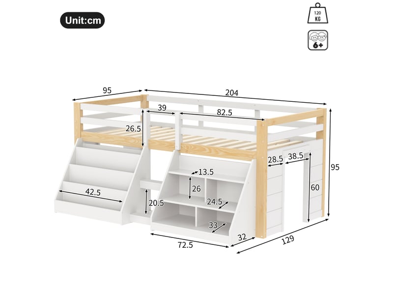  Lit surélevé 90 x 200 cm avec led via application et rangements ouverts, lit simple en pin blanc et naturel avec garde-corps et échelle  - Conforama D