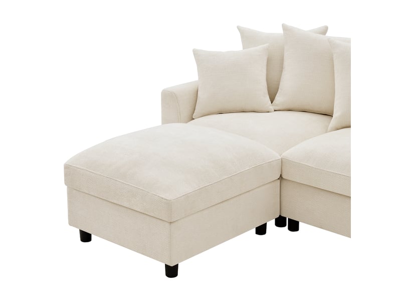 Canapé d’angle modulable ul beige 6 places avec 2 poufs, ports usbtype-c, 8 coussins réglables et chenille gaufrée - Conforama D